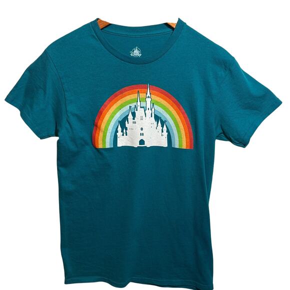 NWT Disney Teal Cinderella Castle Rainbow Tee Shirt Size Small Pride - Picture 1 of 6